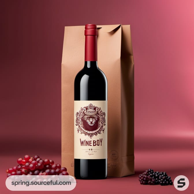 Wine bottle with intricate label in front of brown paper bag