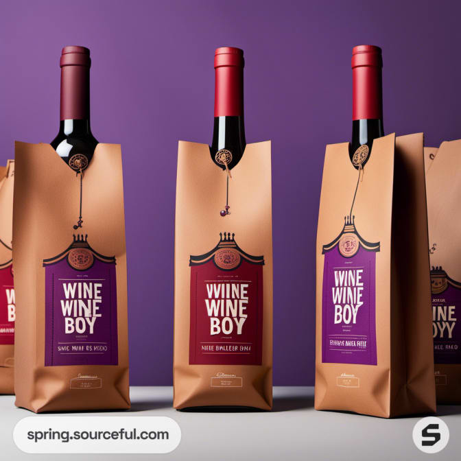 Wine bottles in brown bags with purple labels on purple background