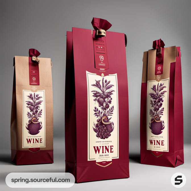 Tall gift bags with botanical wine design on gray background