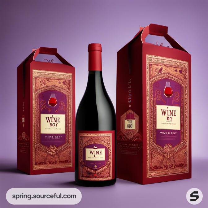 Wine bottle in ornate packaging with purple handle box
