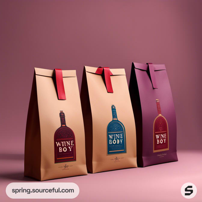 Three wine-themed brown bags with colored bottle graphics