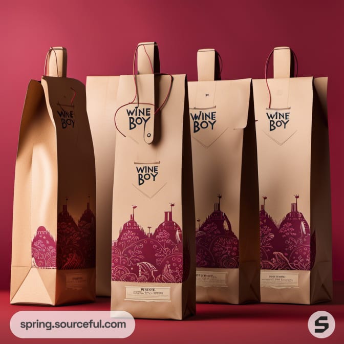 Four brown paper bags with silhouette designs on red background