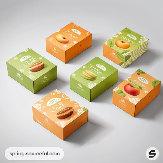 Colorful orange and green product boxes with fruit images on a light background.