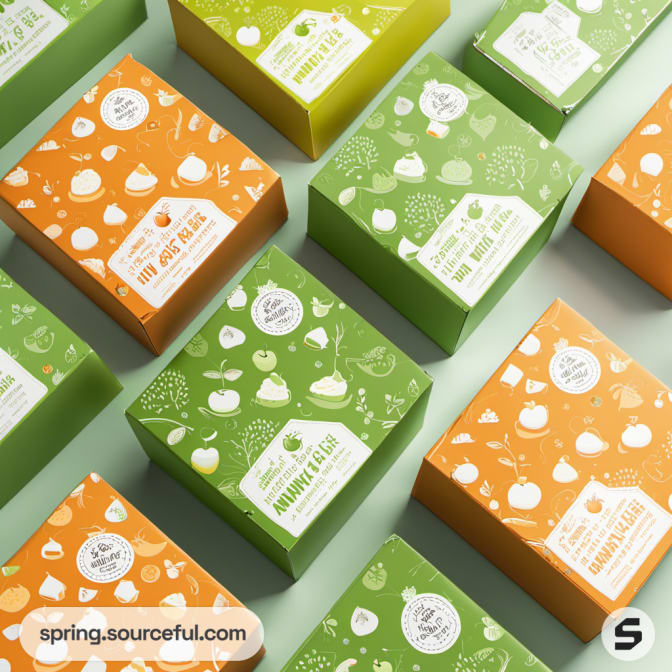 Orange and green boxes with fruit patterns arranged closely on a pale surface.