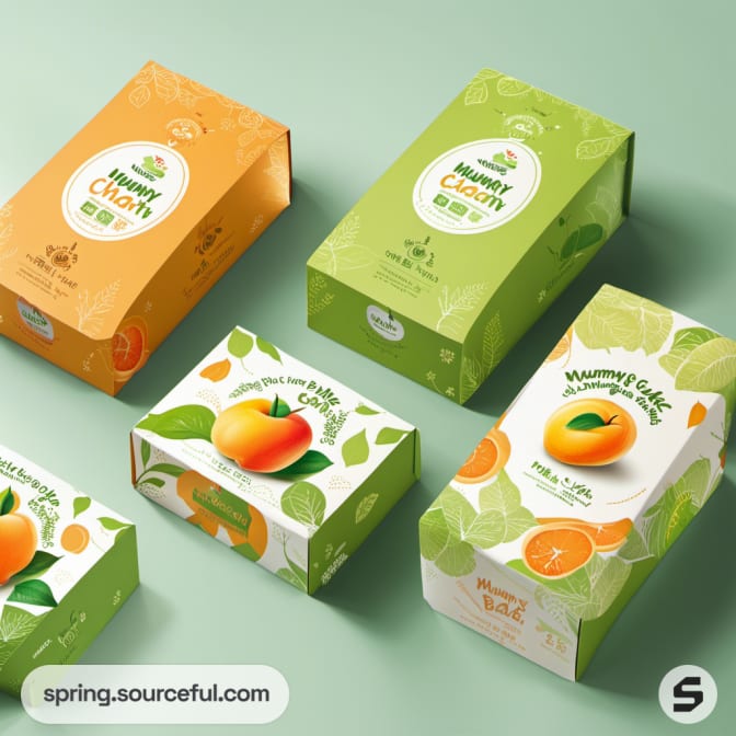 Orange and green fruit-themed boxes on a light green background.