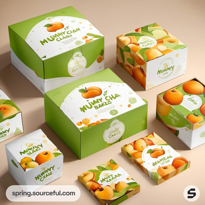 Green and white boxes with fruit images on a beige background.