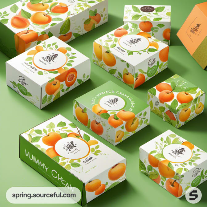 Assorted boxes with fruit and leaf designs on a green background.