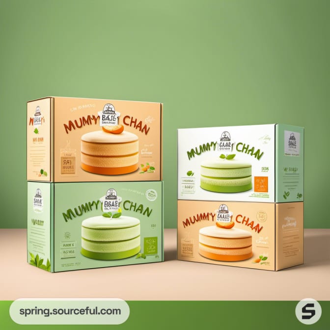 Stacked green and orange boxes with illustrated cakes on a green surface.