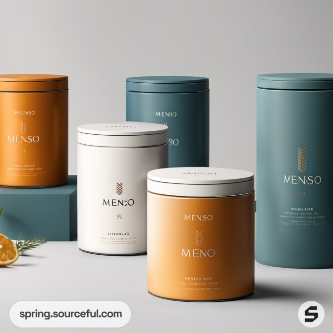 Assorted cylindrical tins in white, orange, and teal with minimalistic design, arranged on pedestals.