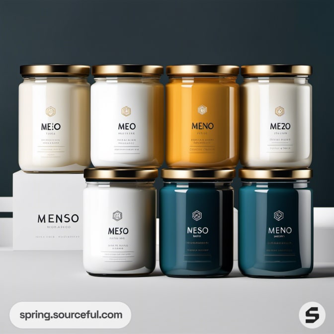 Seven glass jars with gold lids in white, mustard, teal colors, featuring elegant labels set against a dark background.