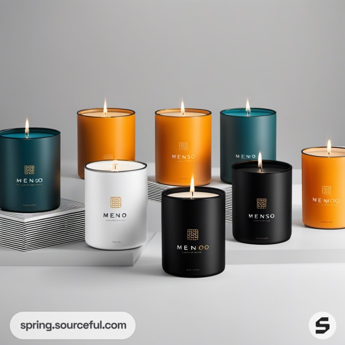 Lit candles in assorted colored glass jars including teal, orange, and black, displayed on a striped platform.