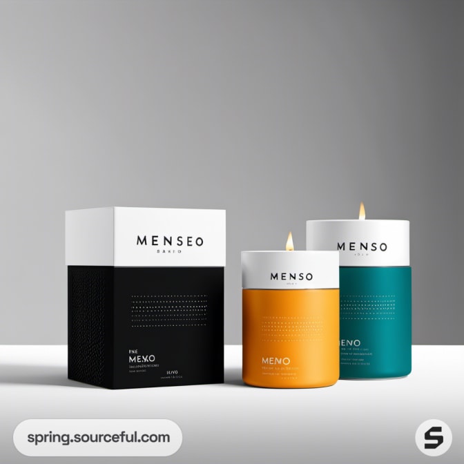 Two candles on display, one orange, one teal, with matching box packaging in minimal white and black design.