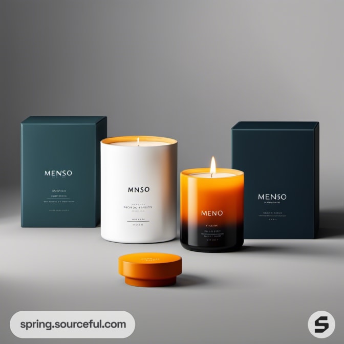 Candles in gradient orange and white glass jars with matching minimalistic packaging, one candle lit.
