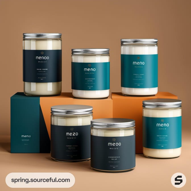 Six glass jar candles with metal lids in white and teal colors, displayed with teal and orange boxes.