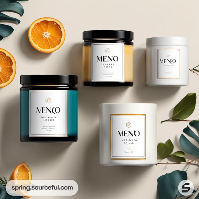 Flatlay of four candles in teal, black, and white glass jars surrounded by orange slices and green leaves.