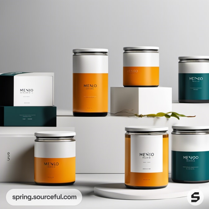Glass jar candles in orange and teal colors with silver lids, set on white blocks, minimal design.