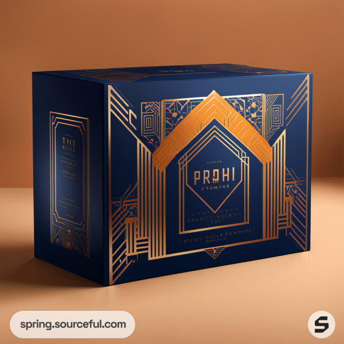 Navy blue rectangular box with geometric gold designs on a brown background.