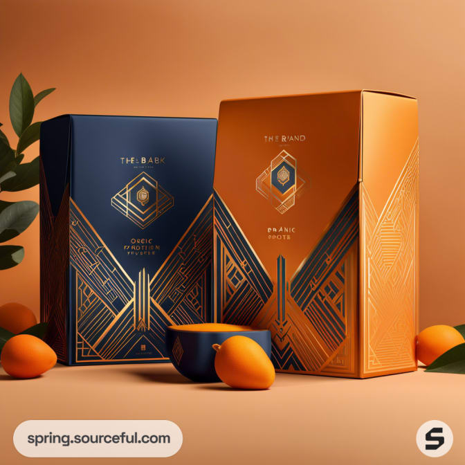 Elegant navy and orange packaging with geometric gold accents, featuring decorative kumquats and green leaves.
