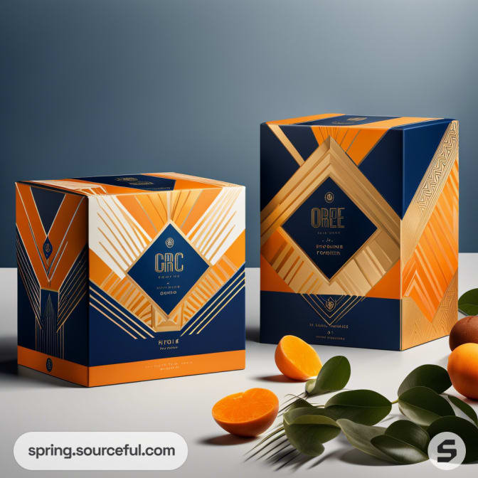 Two geometric-patterned boxes, in blue, orange, and gold, on a table with kumquats and leaves.