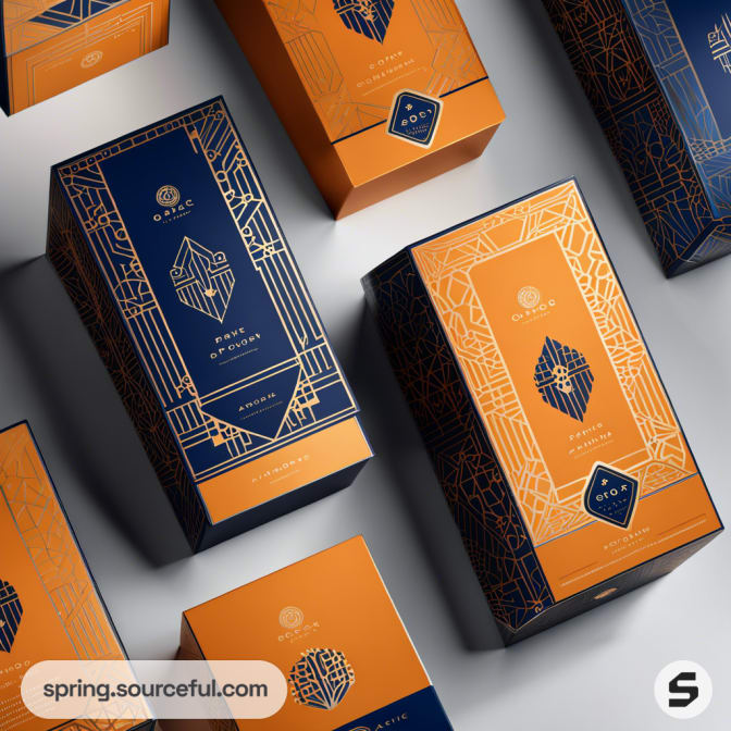 Navy and orange art deco style boxes with geometric patterns on a light background.