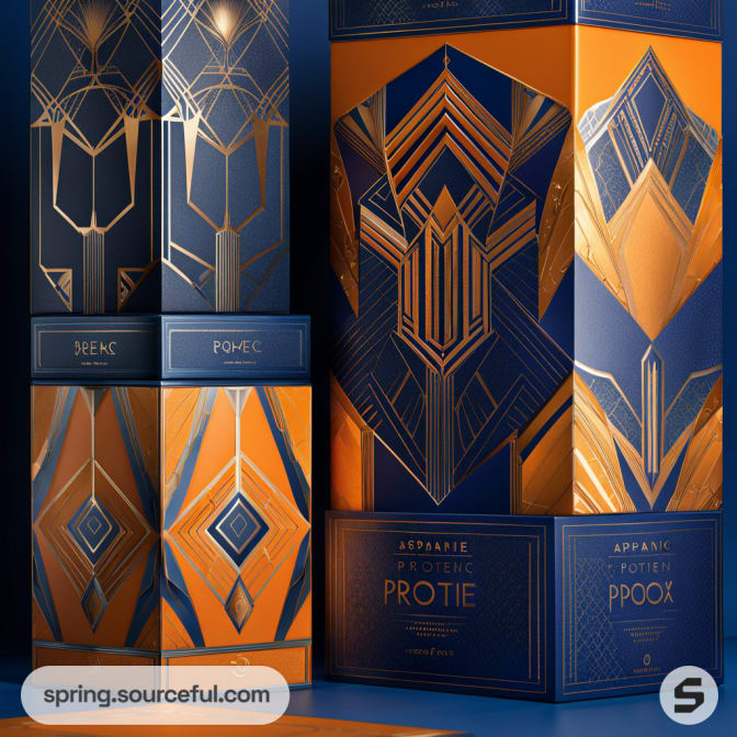 Art Deco inspired packaging with blue and orange geometric designs on tall boxes.