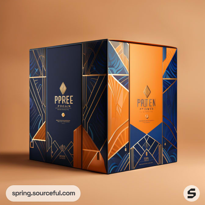 Luxury packaging with geometric patterns in navy and orange tones, featuring decorative gold accents on a box.