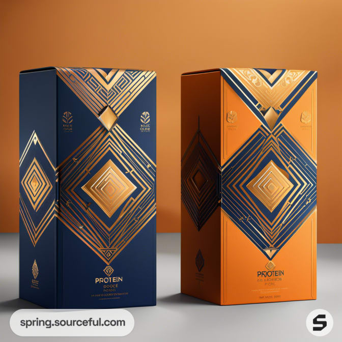 Elegant navy and orange packaging box with geometric gold patterns and minimalistic design.