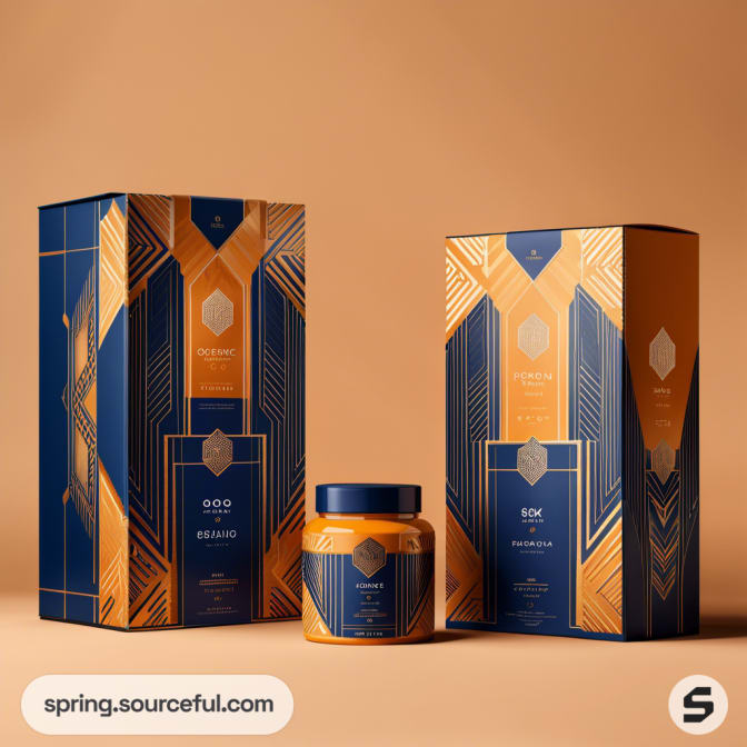 Art deco-inspired golden and blue packaging with geometric designs, featuring two boxes and a jar on a warm background.