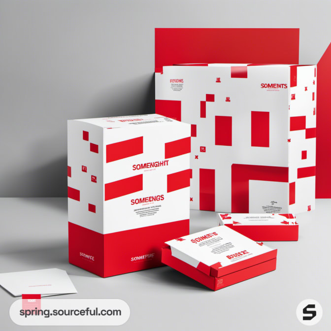 Red and white packaging designs with geometric patterns on mailer boxes.
