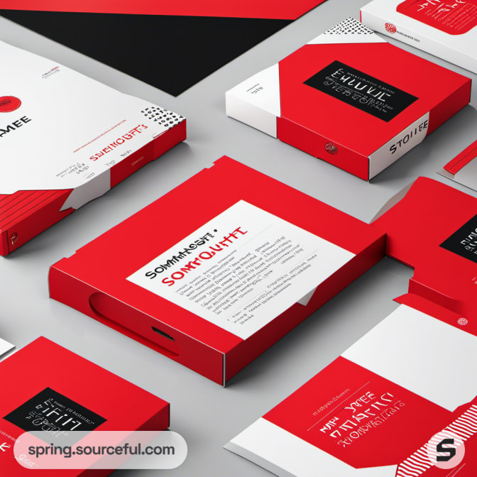 Assorted red and white boxes with modern typography and design elements.