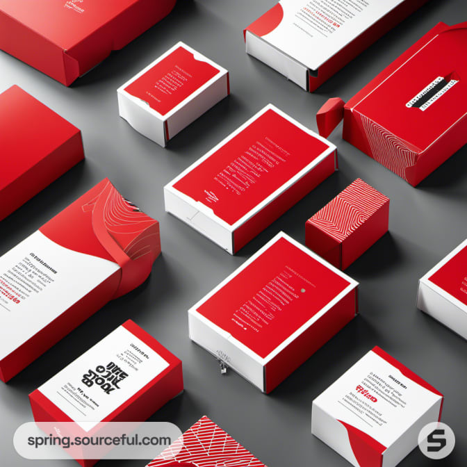 Minimalistic red and white box packaging with angular designs.