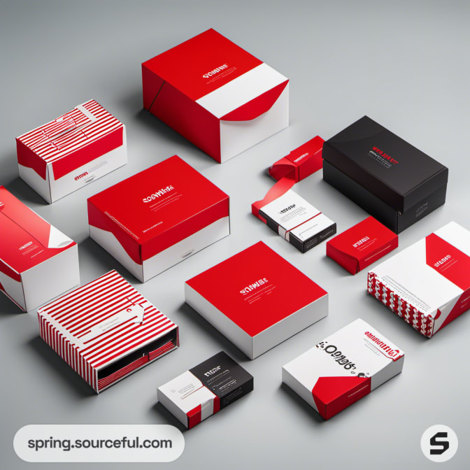 Various striped and solid red and white packages with modern style.