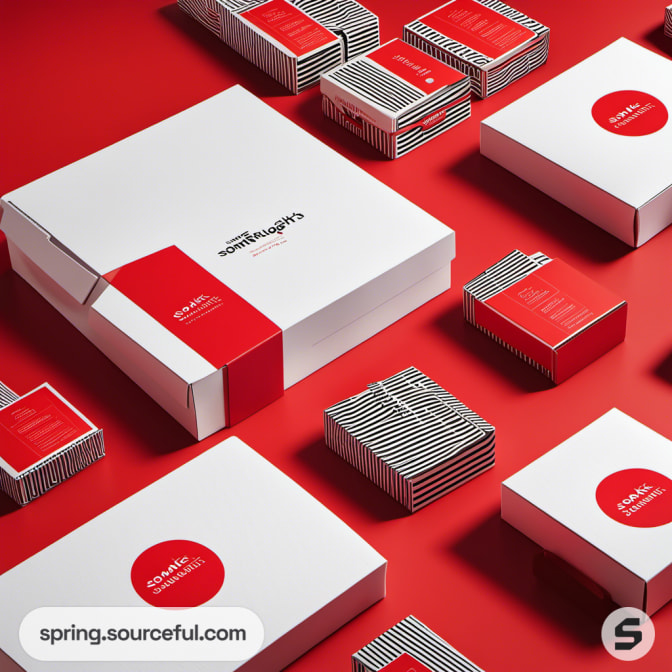 Box designs with red accents and striped black and white patterns.