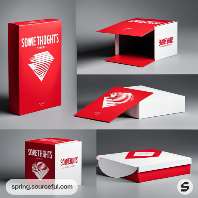 Red and white foldable packaging with graphic elements and text.