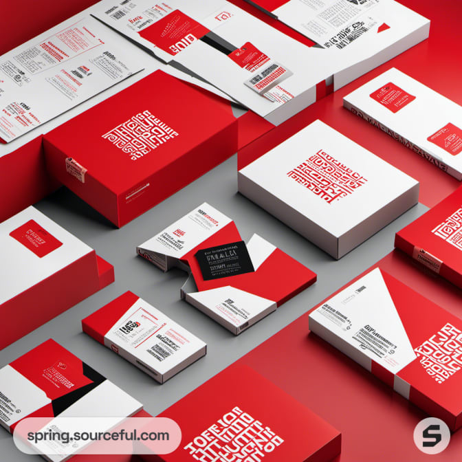 Collection of red and white boxes with typographic designs on display.