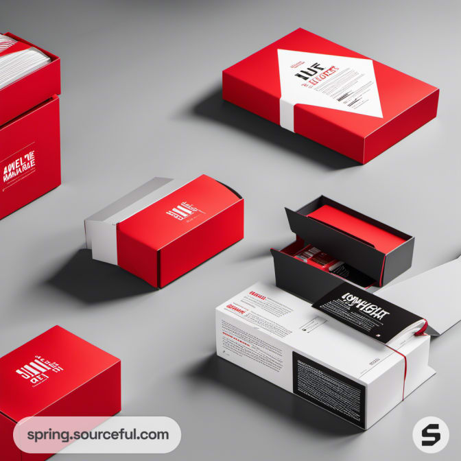 Red and black packaging featuring modern designs and text.