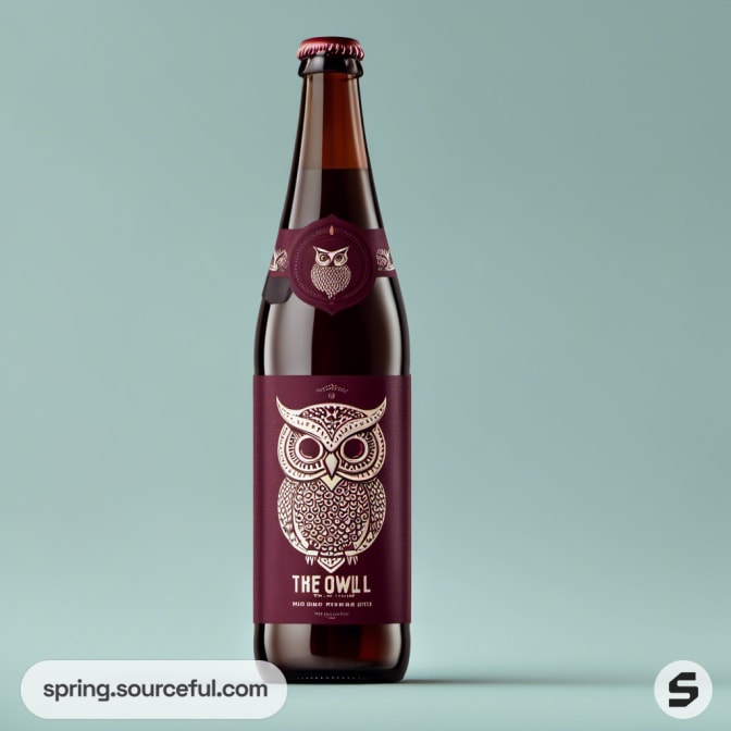 Brown glass bottle with owl illustration on burgundy label, teal background.