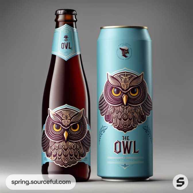 Glass bottle and can with owl illustrations, teal and gray color scheme.