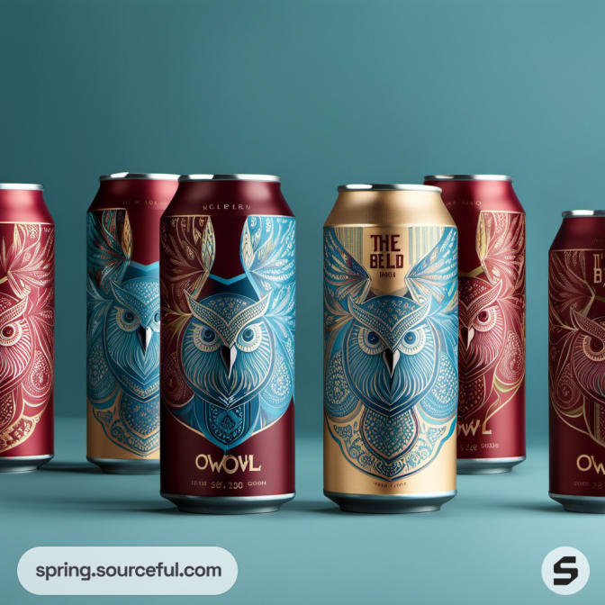 Assorted cans with owl designs, in blue, gold, and red colors.
