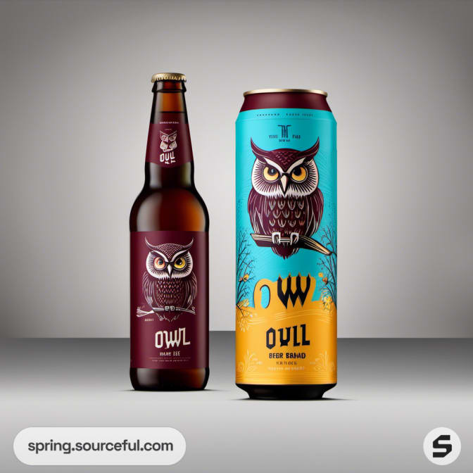 Glass bottle and can with owl labels, teal and maroon colors.