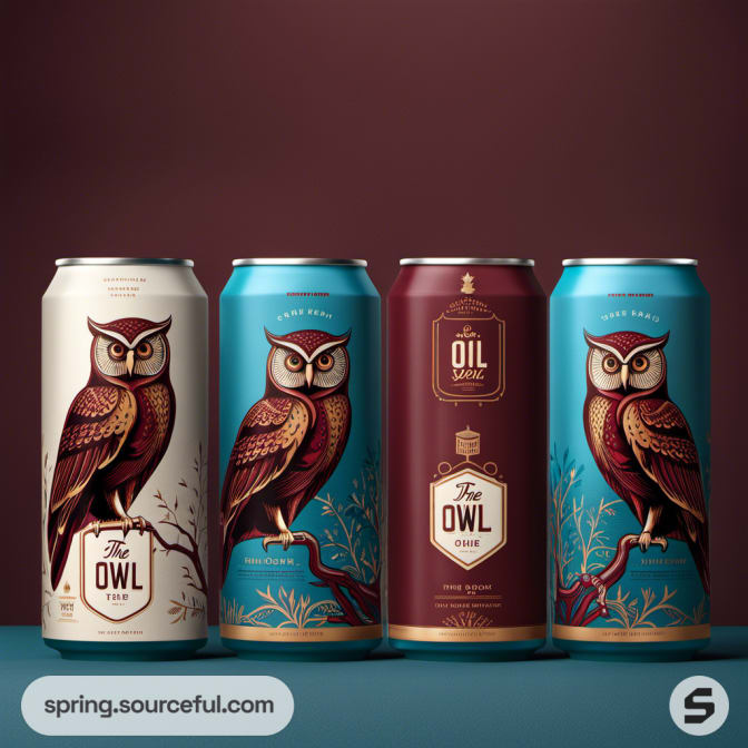 Four cans with owl designs, beige and teal color themes.