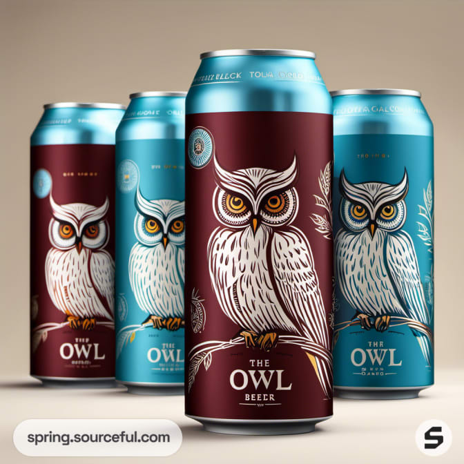 Cans with owl illustrations in blue and burgundy, beige background.