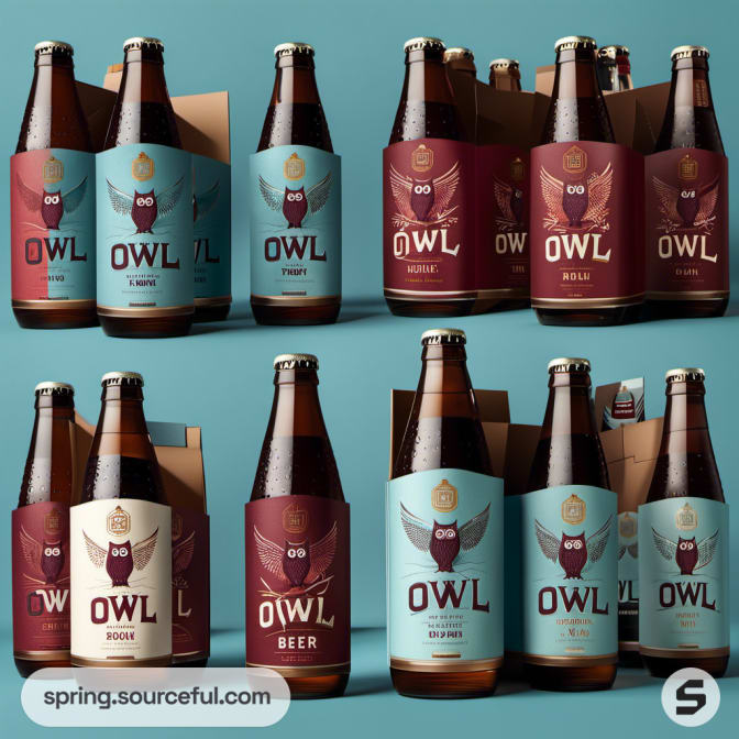 Assorted bottles with owl labels, various colors, in cardboard packs.