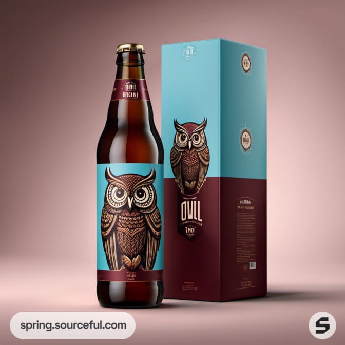Brown glass bottle with owl design, teal and burgundy box.