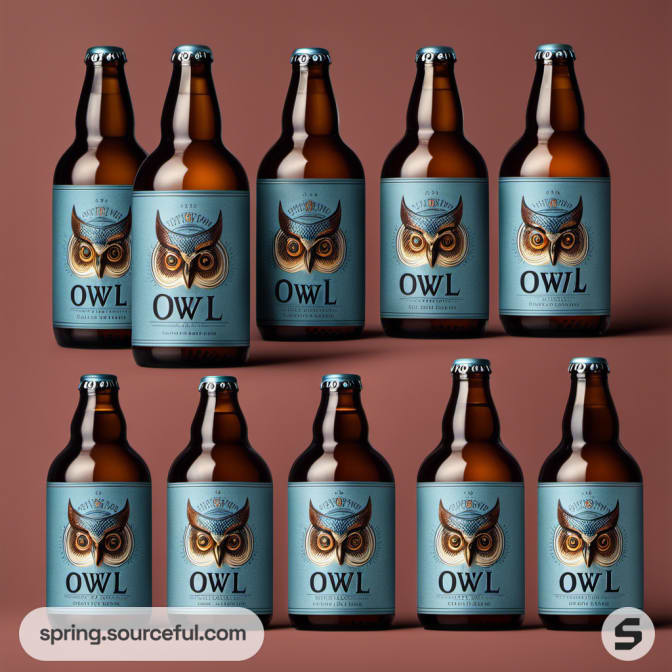 Ten glass bottles with identical owl labels, blue background.
