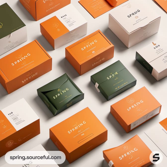Assorted orange and green boxes on a beige surface.