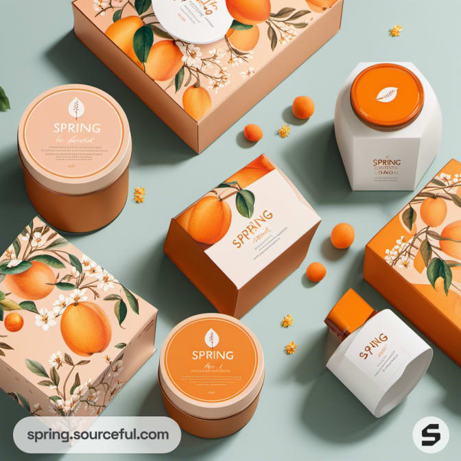 Apricot-themed packaging in various shapes on a light surface.
