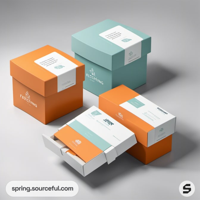 Orange and teal square boxes with lids on gray background.