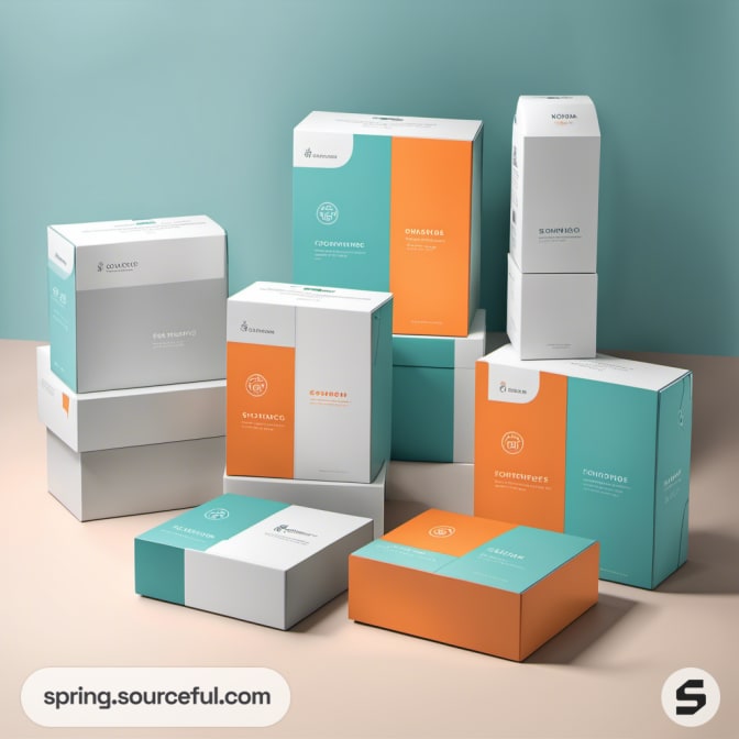 Stack of orange, teal, and white boxes against a teal wall.