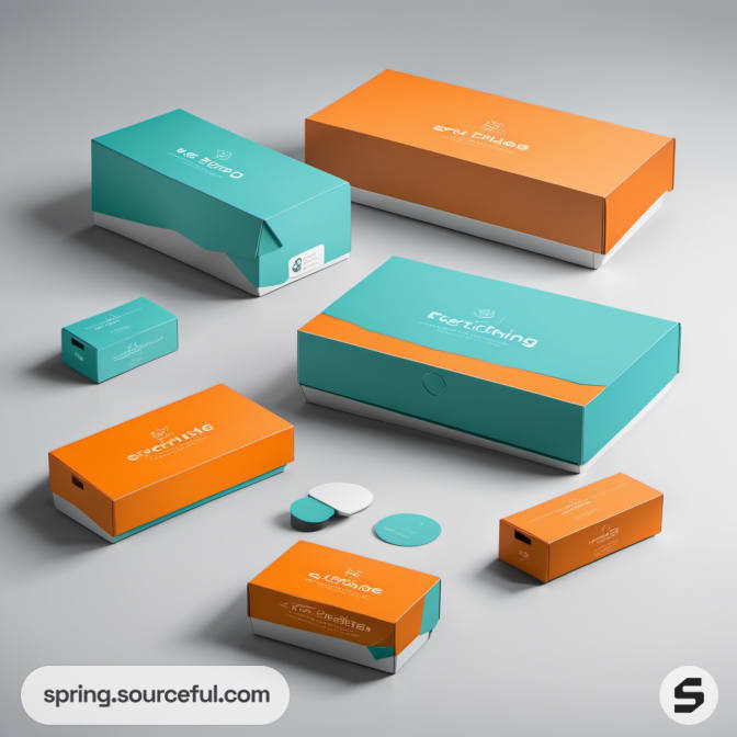 Teal and orange rectangular boxes arranged on a gray floor.